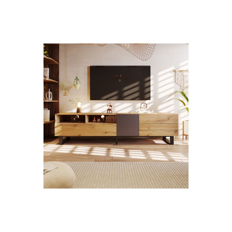 Meuble tv 180 cm, meuble tv bois avec 2 compartiments ouverts avec 2 tiroirs, couleur bois et noir