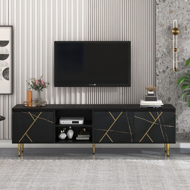 Basetbl - Grand meuble tv 200x35x60 cm pour tv 90 pouces avec 3 portes et design moderne noir et or