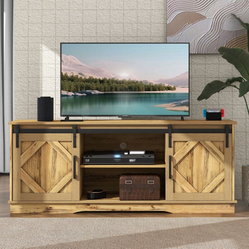 Redom - Grand meuble tv, Sideboard en bois, avec 2 portes coulissantes, Étagères réglables, pour salon, 150x40x60 cm, marron vintage