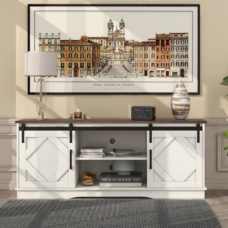 Grand meuble tv, Sideboard en bois, avec 2 portes coulissantes, Étagères réglables, pour salon, 150x40x60 cm, Brun blanc