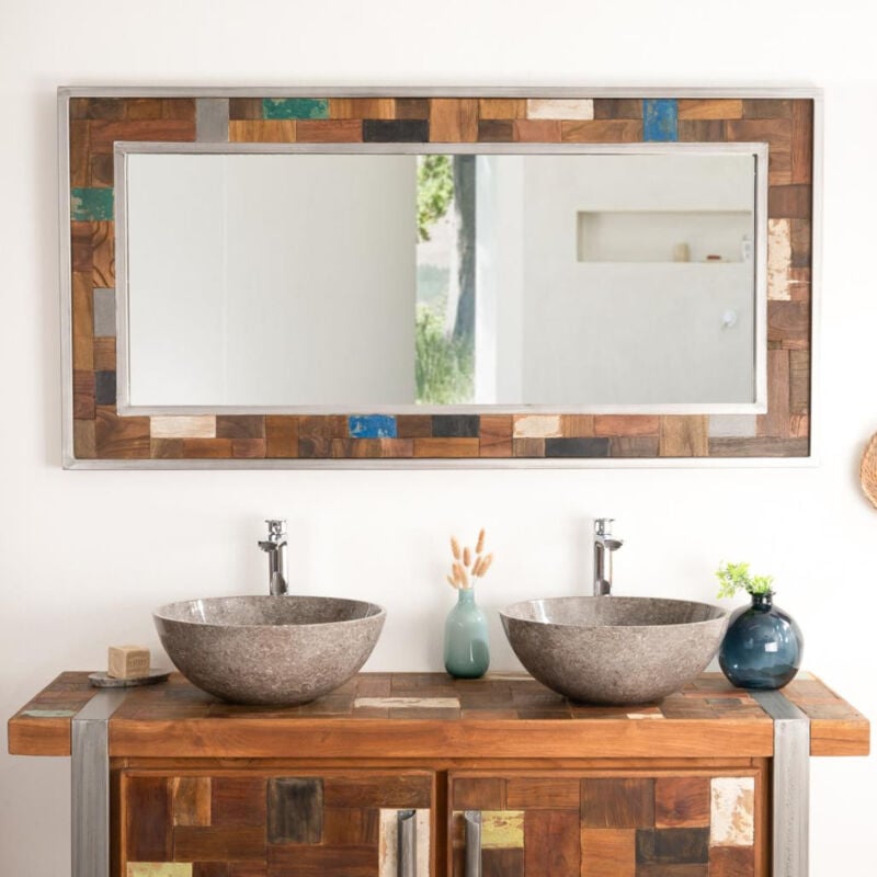 Grand miroir de salle de bain Factory bois métal 140x70