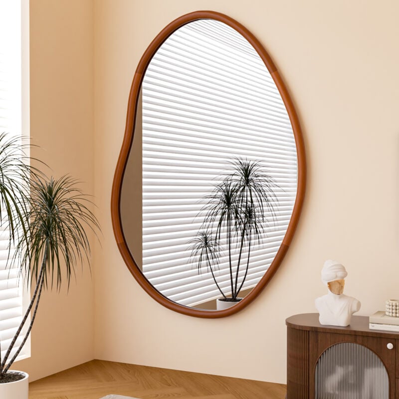 Grand Miroir Mural Asymétrique en Hêtre: Miroir Irregulier d'Entrée avec Cadre en Bois Miroir Organique Salon Décoratif, Vintage Miroir Coiffeuse