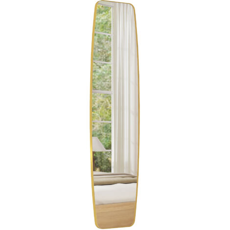 Grand miroir mural ovale 160x40 cm, suspension moderne, cadre métal et bois, prêt à poser, doré