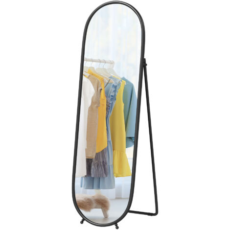 Grand miroir ovale sur pied, cadre métal noir 40x160 cm, support pour entrée, chambre, dressing