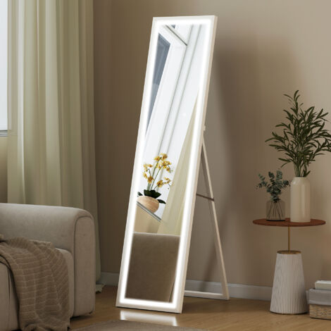 Grand miroir pleine longueur, miroir mural ou sur pied rectangulaire, 40 x 160 cm avec éclairage LED 3 couleurs, blanc