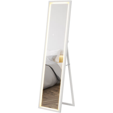 Grand miroir pleine longueur, miroir mural ou sur pied rectangulaire, 40 x 160 cm avec éclairage LED 3 couleurs, blanc