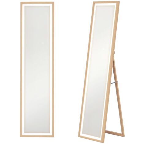 Grand miroir pleine longueur, miroir mural ou sur pied rectangulaire, 40 x 160 cm avec éclairage LED 3 couleurs, chêne