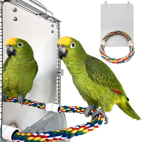 Grand Miroir pour Oiseaux en Acier Inoxydable avec Perche en Corde - Jouet pour Cage, Perroquet, Perruche, Canaris et Inséparables