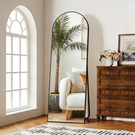 Grand Miroir sur Pied 173 x 63cm, Miroir Arqué en Pleine Longueur avec Cadre en Aluminium, Miroir Mural sur Pied, pour Salon, Chambre, entré, Noir