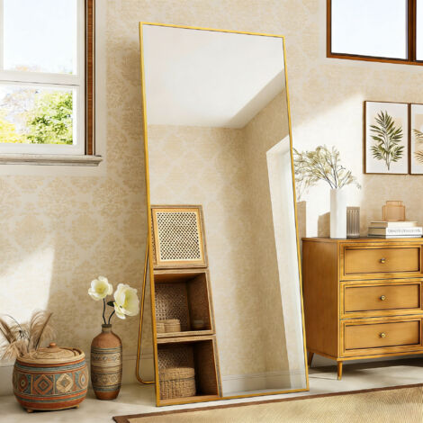 Grand Miroir sur Pied 177 x 77 cm, Miroir Pleine Longueur, Support en métal, Mural pour Corps Entier, Debout ou Suspendu, pour la Chambre, Salon, Dore