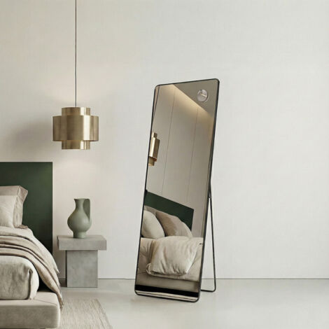 Grand Miroir sur Pied, avec Miroir Grossissant, Verre Trempé, Rectangulaire, Coins Arrondis, 150 x 40 cm, Noir