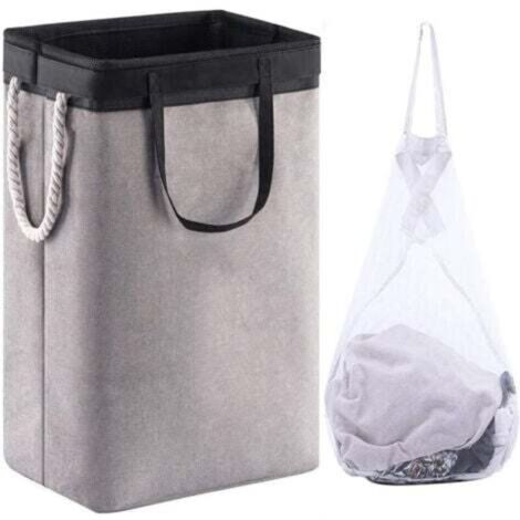 Grand Panier à Linge 60 x 41 x 31 cm , Sac à Linge Pliable avec Poignées en Corde Poubelle de Rangement Adaptée à la Chambre à Coucher la Buanderie Salle de Bain Noir+Gris