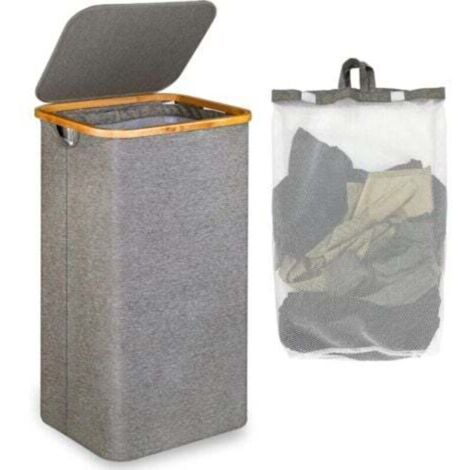 Grand Panier à Linge avec Couvercle, 100L Grand panier linge sale avec Poignées en Bambou pour Vêtements, bac a linge laundry basket Pliable Grand XXL Pliable avec Sac Intérieur Gris