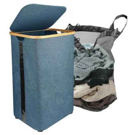 Grand panier à linge avec couvercle, avec poignées en bambou, pour le rangement des vêtements et des jouets, avec sac intérieur,41x31.5x66.5cm,Blue