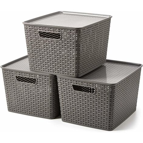 Grand Panier de Rangement en Plastique PP Tissé avec Couvercle, Boîte de Rangement, Bac de Rangement pour Cuisine, Salle de Bain, Chambre d’Enfant, Armoire, Bureau – Lot de 3, Gris