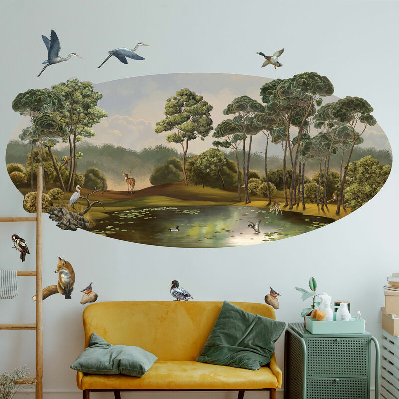 Grand papier peint panoramique découpé, au bord de l'étang nature historique avec animaux, intissé colle activable à l'eau, 65 cm x 172 cm