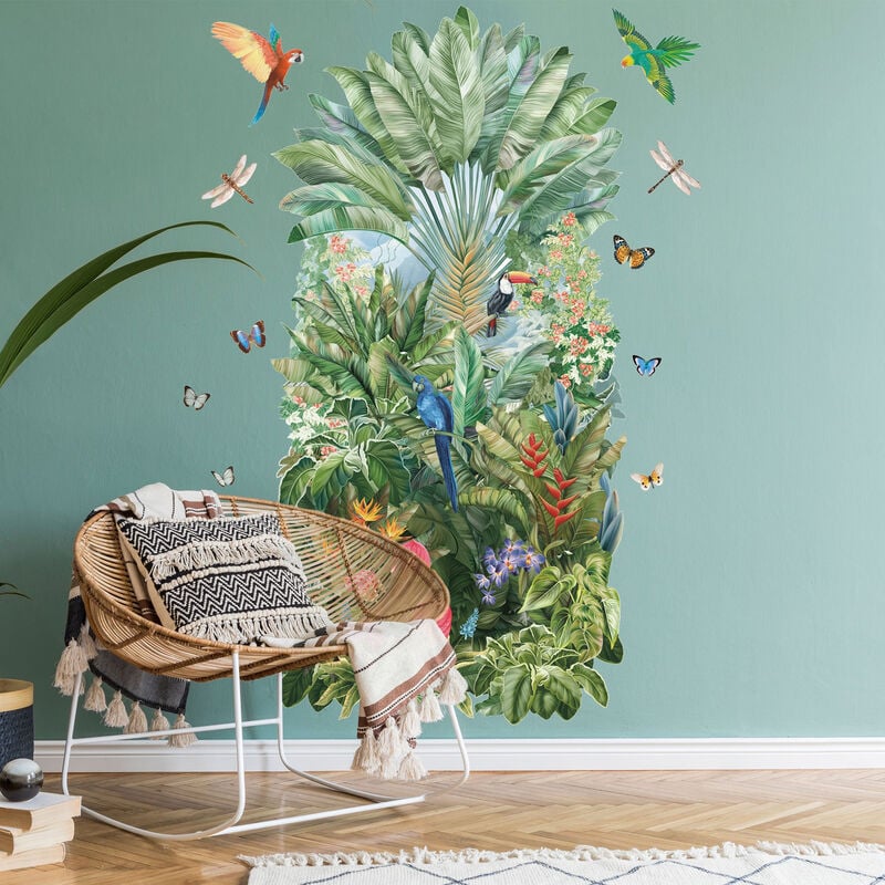 Grand papier peint panoramique découpé, avec les animaux dans une jungle luxuriante et colorée, intissé colle activable à l'eau, 166 cm x 83 cm