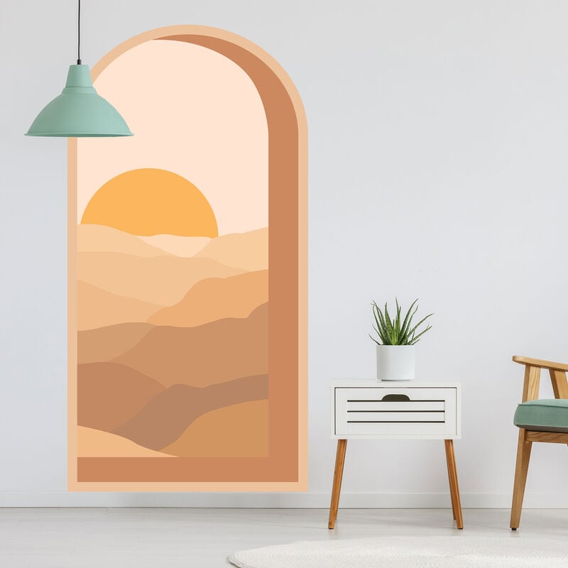 Grand papier peint panoramique découpé, trompe l'oeil graphique arche avec vue sur le désert, intissé colle activable à l'eau, 154 cm x 80 cm
