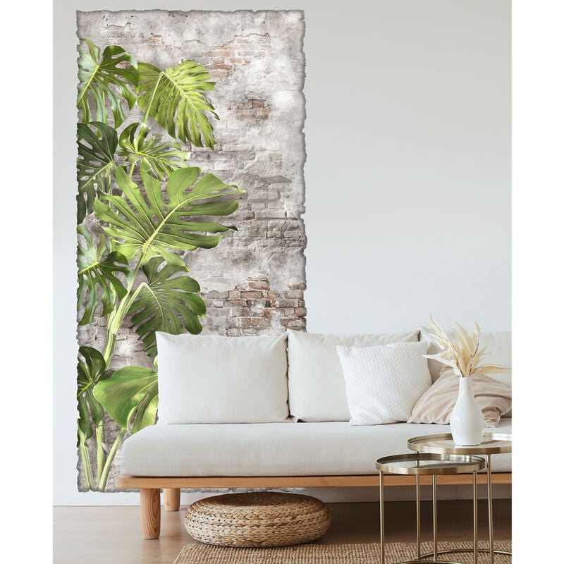 Grand papier peint panoramique découpé, trompe l'oeil végétal mur de brique et feuilles vertes, intissé colle activable à l'eau, 170 cm x 81 cm
