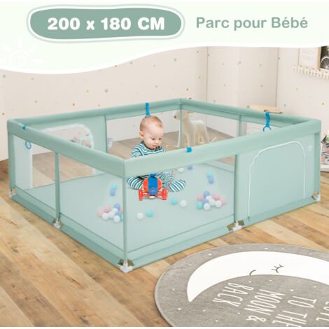 Grand Parc Bébé 200x180cm Maille Douce Respirante Anneaux Balles Océaniques Portes Antidérapant Vert CW95793