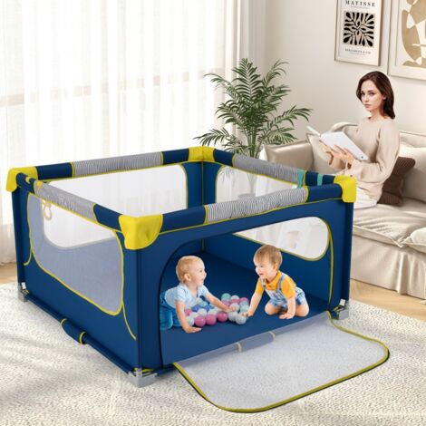 Grand Parc pour Bébé 127 x 127 cm Clôture de Sécurité Pliante sans BPA avec Portail Zippé 50 Balles de Mer et 4 Anneaux de Levée Bleu