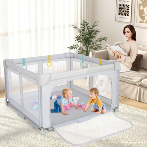 Grand Parc pour Bébé 127 x 127 cm Clôture de Sécurité Pliante sans BPA avec Portail Zippé 50 Balles de Mer et 4 Anneaux de Levée Gris