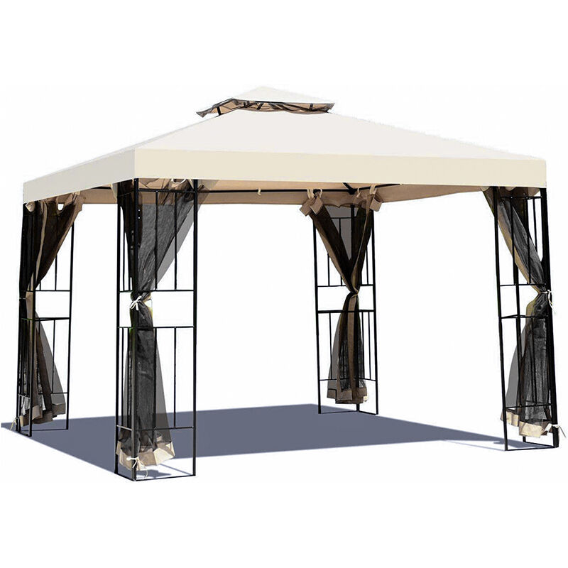 Gazebo Double Soft Top Canopy With Curtains And Netting For Patio,3X3m, Beige - Grand Patio