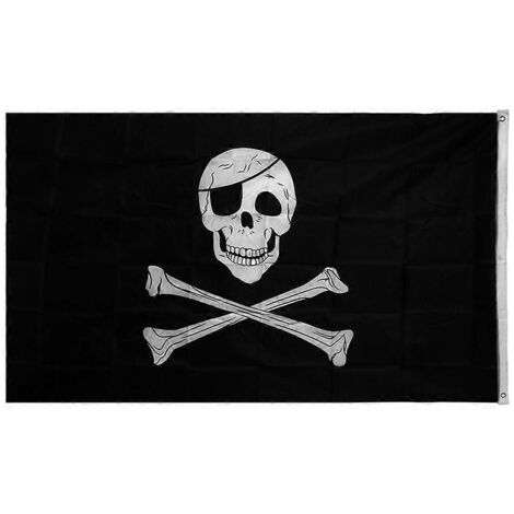Grand pavillon pirate tête de mort et os croisés Jolly Roger 90x150cm, avec œillets pour suspension extérieure, drapeau de décoration costaud.