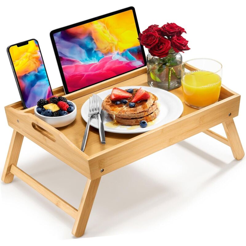 Grand plateau table lit avec pieds pliants, support portable, poignées, bambou, pour manger au lit ou canapé