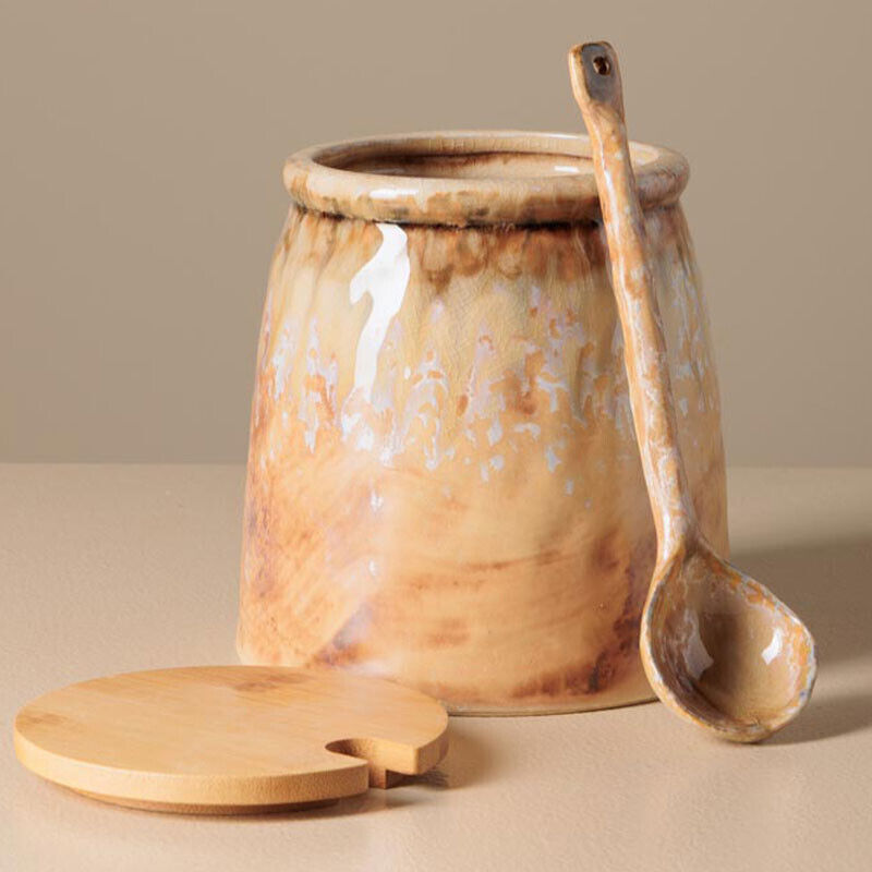 Grand pot à moutarde avec sa cuillère beige en céramique 14x13cm