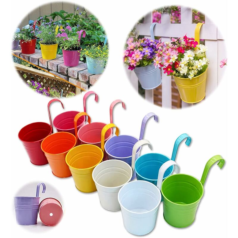 Grand pot de fleur en métal vase seau suspendu jardin planteur avec trou de drainage, balcon décor à la maison, crochet détachable (10 pcs avec
