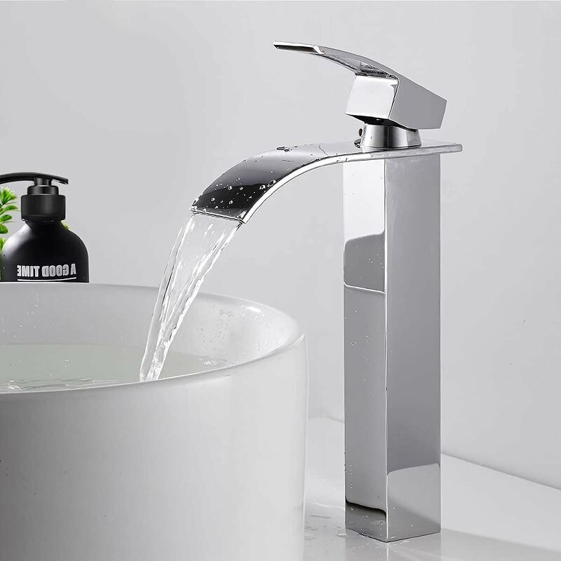 Grand robinet de salle de bain cascade argent chromé mitigeur mitigeur mitigeur robinet de lavabo en acier inoxydable SUS304 durable antioxydant