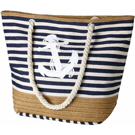 Grand Sac de Plage pour Femmes, Sac Fourre-Tout en été, Shopping Bag, Grand Sac à Bandoulière avec Poignée en Corde, Shoulder Bag pour la Plage, Les Vacances, Les Achats et Les Voyages-Marine