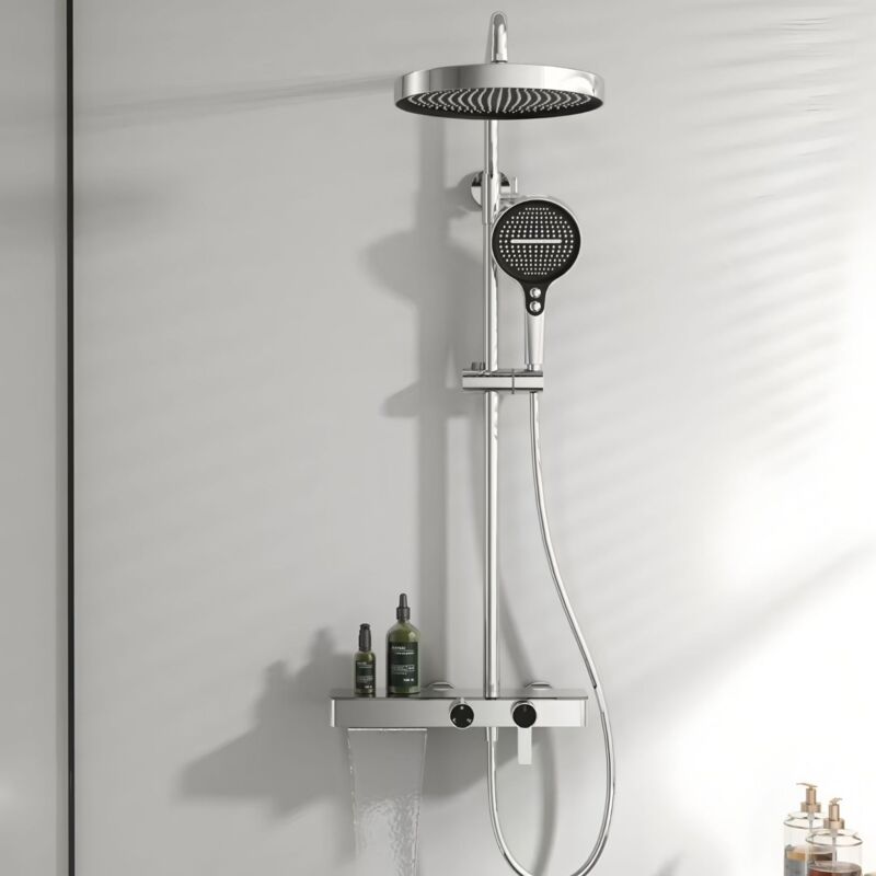 Grand set de douche pour douche, sortie d'eau en cascade, table de rangement pour la douche, cuivre chaud et froid, or brossé, toilettes à la maison