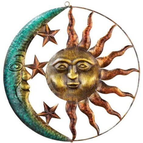 Grand soleil en métal art mural en métal soleil et lune décoration murale en métal soleil et lune art mural en métal extérieur pour la maison jardin patio porche clôture décoration vert B (28.6CM)