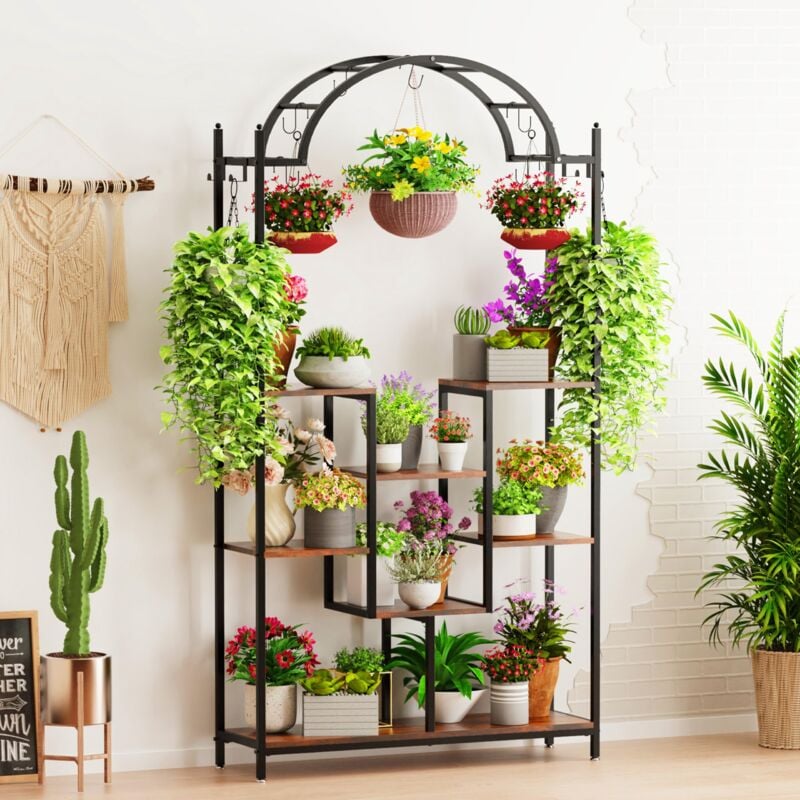 Grand Support Pot de Fleur en Métal 190x100x30cm Porte Plante Intérieure Industriel Haut avec 8 Étagère pour Salon Hôtel