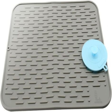 Grand Tapis de Séchage Vaisselle en Silicone avec Éponge Brosse Silicone Vaisselle, Tapis Egouttoir Vaisselle, Dessous de plat, Accessoire de cuisine Résistant à la chaleur, 45×40 cm (Gris)