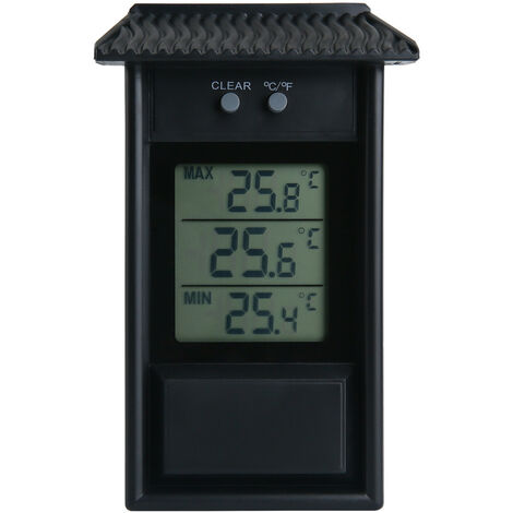 Grand thermomètre numérique avec maximum et minimum - Pour intérieur, extérieur, mur de serre, jardin - noir