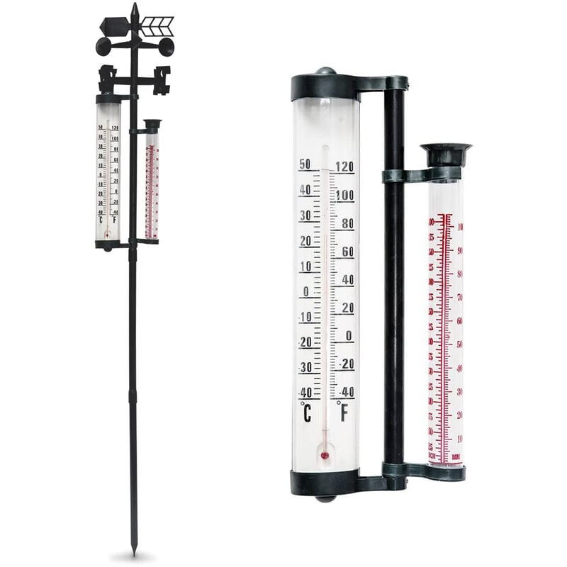 Grand Thermomètre de Jardin - Pluviomètre et Girouette Direction du Vent - 145 cm