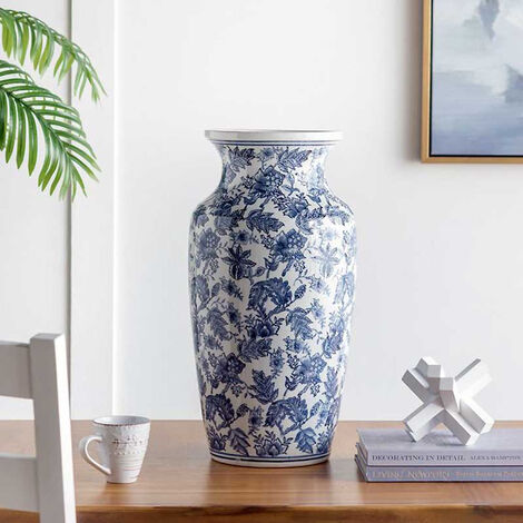 Grand vase céramique floral blanc et bleu 30x30x61cm