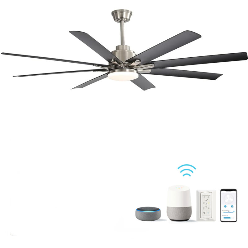 Grand ventilateur de plafond intelligent 66 pouces 8 pales avec lumière LED réglable et télécommande style industriel moderne