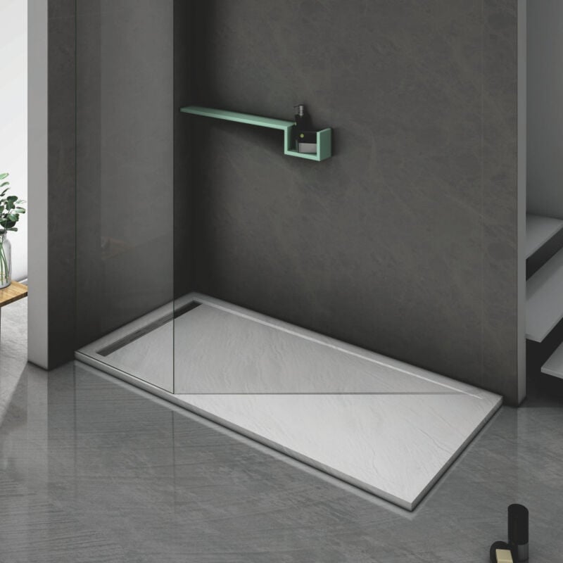 Grand Verre - Bac à douche gris à clôture en résine et 60% charge minérale receveur avec bonde et grille en inox 80x80