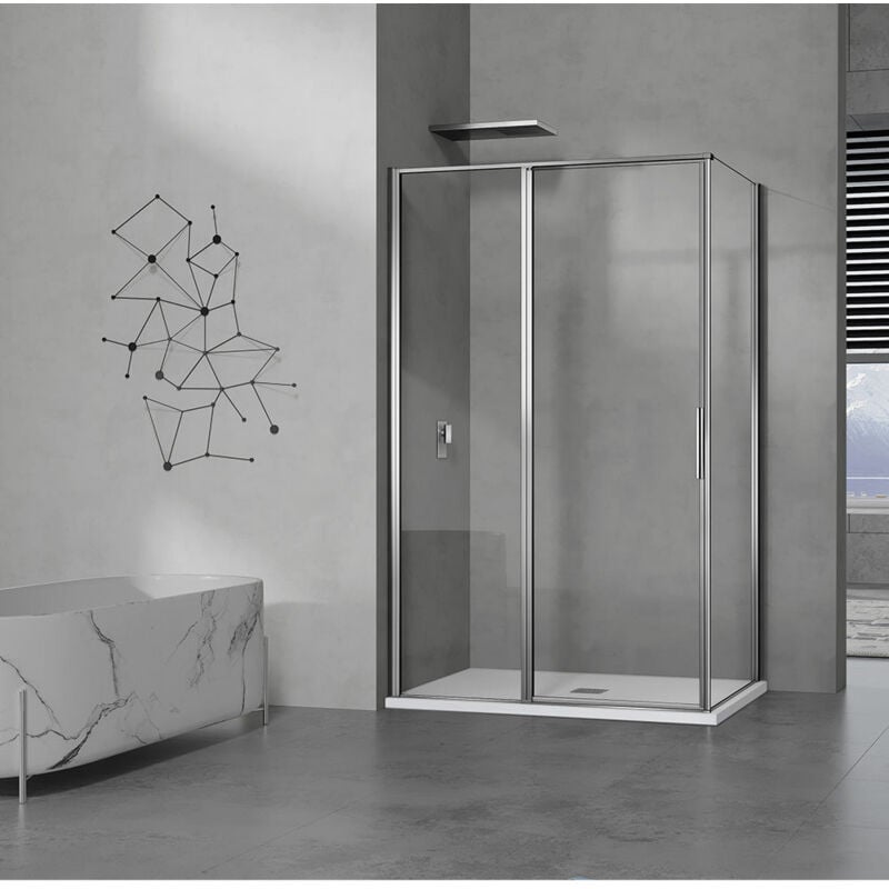 Grand Verre - Cabine de douche 110x80 en verre avec profilés en alu chromé à ouverture pivotante avec partie fixe