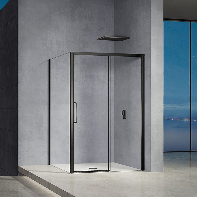 Grand Verre - Cabine de douche avec ouverture coulissante accès de face profilés noirs mat 100x80