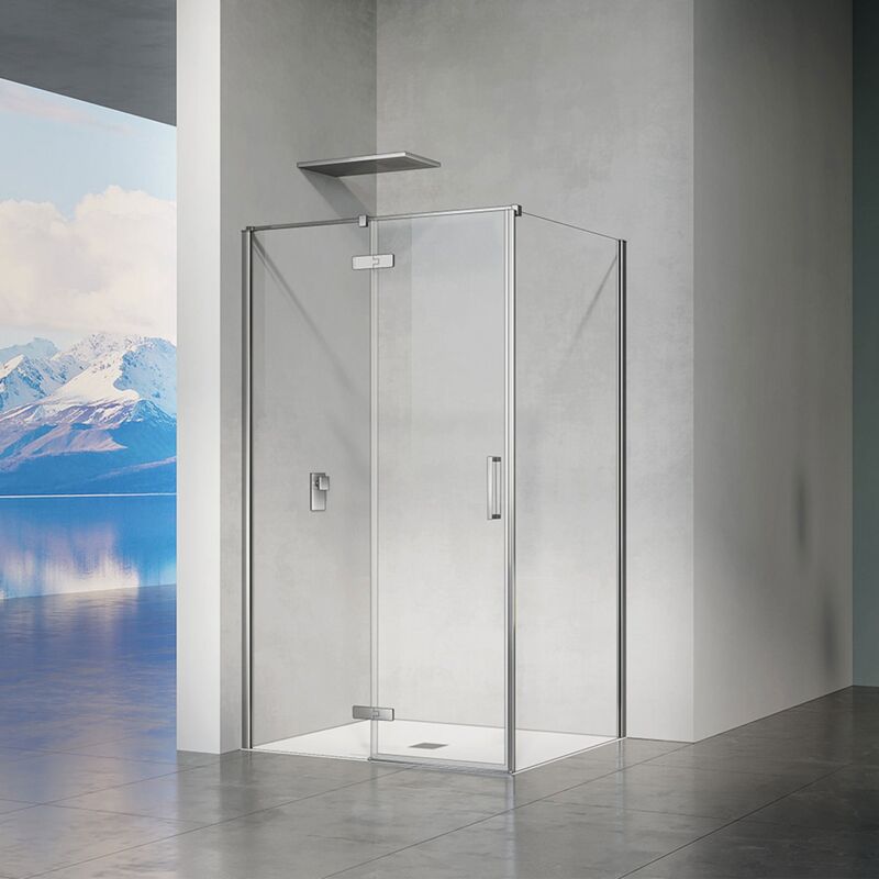 Grand Verre - Cabine de douche avec porte à charnières et paroi latérale hauteur 195cm profilés chromé aspect inox 100x70