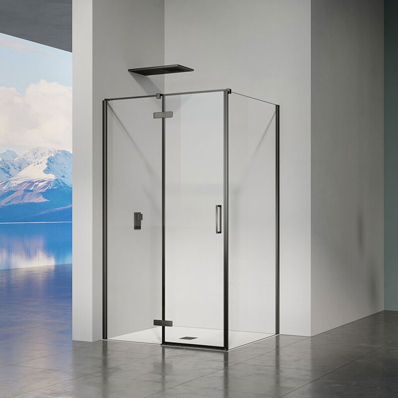 Grand Verre - Cabine de douche avec porte à charnières et paroi latérale hauteur 195cm profilés en alu noir mat 100x90