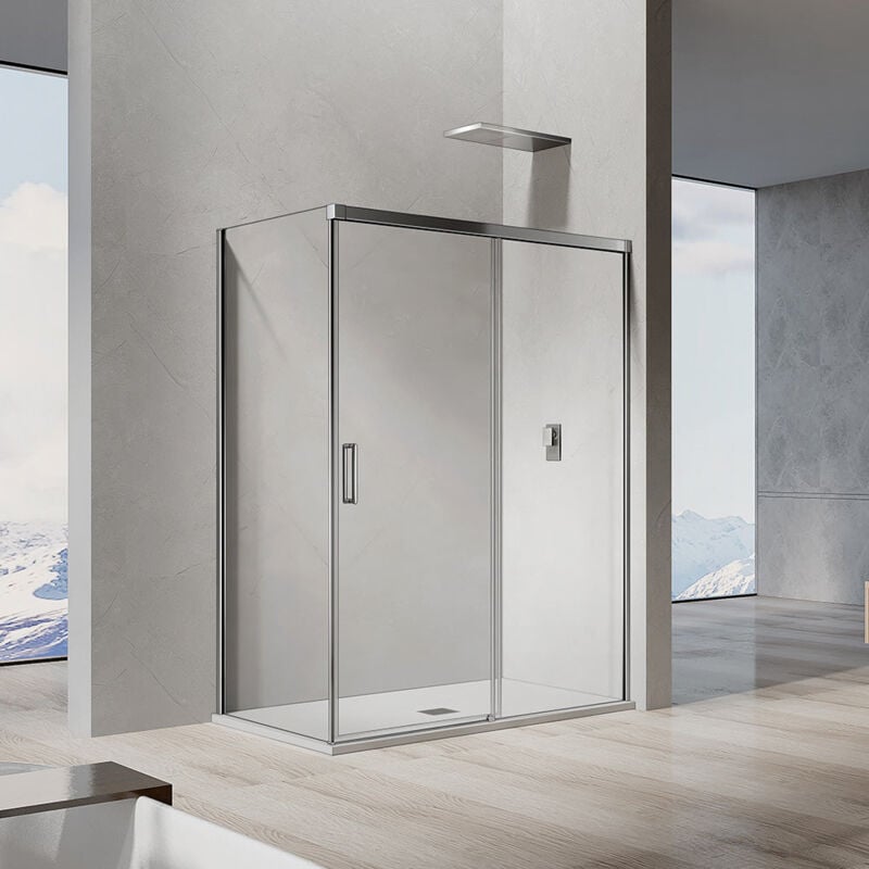 Grand Verre - Cabine de douche avec porte coulissante 140x195 et paroi latérale profilés chromés 80x195