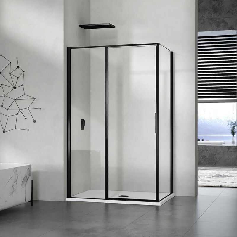Grand Verre - Cabine de douche en verre avec profilés en alu noir mat à ouverture pivotante avec partie fixe 140x80