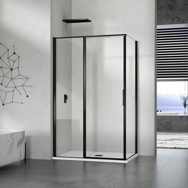 Grand Verre - Cabine de douche en verre avec profilés en alu noir mat à ouverture pivotante avec partie fixe 90x80