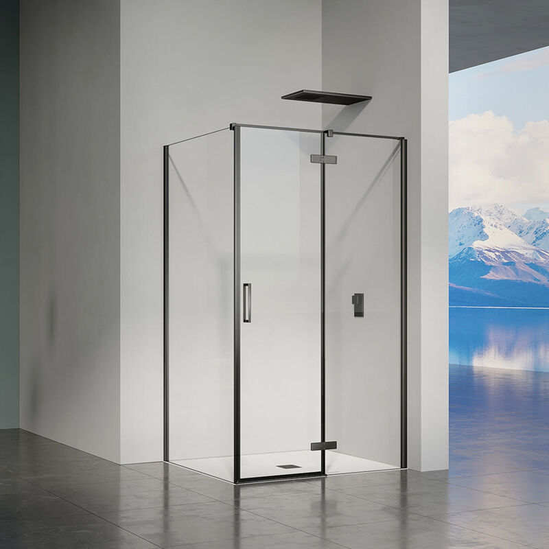 Cabine de douche en verre et alu noir avec porte pivotante ouvrante vers la droite 140x70x195 - Grand Verre